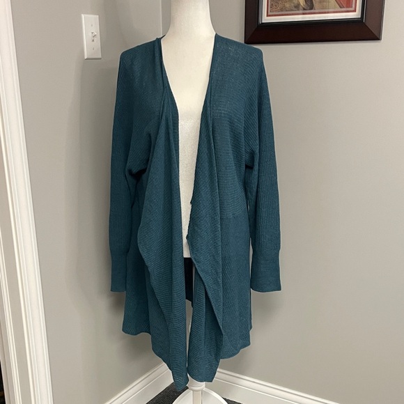 Eileen Fisher Teal Cardigan Sweater Plus Size Open Knit Wool Size 3X Waterfall - Picture 1 of 6